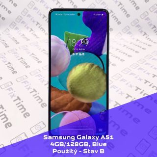 Mobilní telefon Samsung Galaxy A51, 4GB/128GB, Blue, Použitý - Stav B. Podrobný stav přístroje: •Mírné opotřebení. •Plně...